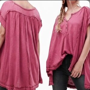 Free People Linen Cotton Oversized Slouchy Short Sleeve Top Small Pink Boho